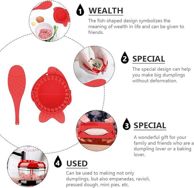 TIDTALEO Dumpling Maker Molds Set with Spoons 4pcs Red Plastic Dumpling Skin Wrappers Tools Cooking Kitchen Gadgets for Beginners and Family Use