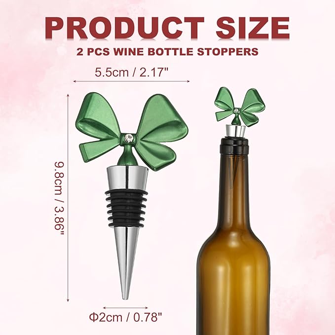 uxcell 2 Pcs Bow Wine Stopper, Reusable Wine Stoppers Airtight Leak-proof Bottle Plugs Liquor Saver Beer Beverage Glass Bottles Stopper for Bar Holiday Party Home Decor, Silver-Green