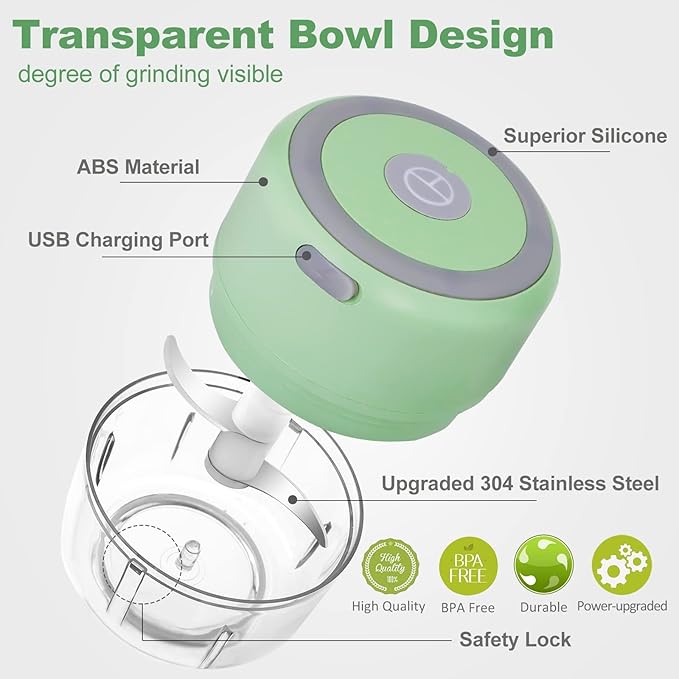 Electric Herb Grinder for Spice- Efficiency 3.4oz Large Grinder for Grinding Fresh and Dry Herb, Portable USB Charge with Clear Chamber, Clean Brush and Tweezers As a Gift (Pale-green)
