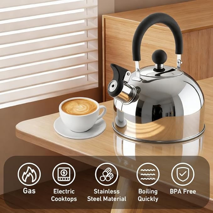 Lily's Home 2 Quart Whistling Tea Kettle, Stainless Steel Stovetop Kettle for Gas & Induction Tops, Classic Whistle Spout, Cool-Touch Handle for Safe Pouring - Perfect for Home, Kitchen, Dorm