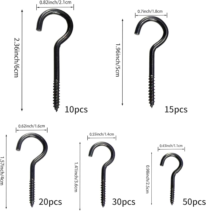 125 Pcs Ceiling Hooks for Hanging Plants - 5 Sizes Metal Screw Hooks Heavy Duty,DIY Hanging Hooks Decors for Christmas String Lights Cup Wind Chime,Bird Feeders Indoor&Outdoor(Black, 125PCS)