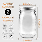 Showvigor 2-Pack 16oz Mason Jars with Labels - Regular Mouth Glass Jars with Airtight Lids & 2 Write-On Labels - for Canning, Overnight Oats, Meal Prep, Jam, Salad Dressing