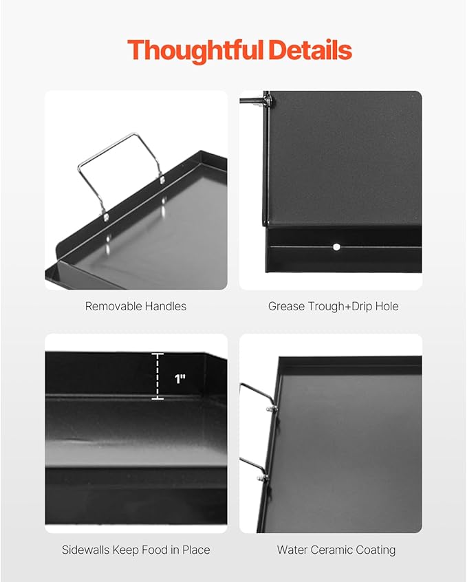 VEVOR Carbon Steel Griddle, Flat Top Plate, Griddle for BBQ Charcoal/Gas Gril with 2 Handles, Rectangular Flat Top Grill with Extra Drain Hole for Tailgating and Party