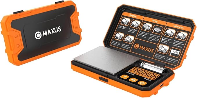 MAXUS Digital Precision Pocket Scale with 200 x 0.01g Accuracy, Calibration Weight, and USB Cable - Ideal for Jewelry, Coins, and More
