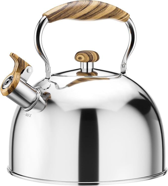 Whistling Tea Kettle for Stovetop, 2.6 Quart Food Grade Stainless Steel Tea Kettle with Wood Pattern Handle for Home Kitchen, Loud Whistle, Silver
