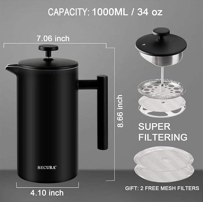 Secura French Press Coffee Maker, 304 Grade Stainless Steel Insulated Coffee Press with 2 Extra Screens, 34oz (1 Litre), Black