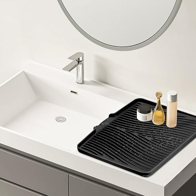 TIKNIK Silicone Dish Drying Mat, Stone Drying Mat for Kitchen Counter with Built-In Drain, Non-Slip Drain Pad with Built-in Drain, Heat Resistant Stone Drying Mat, Hangable, Black-2pcs, 20" x 15"