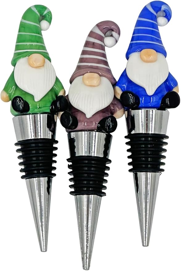 Gnome Wine Bottle Stoppers Set of 3 - Reusable Universal Bottle Stopper Silicone Saver Handmade Glass Unique Gifts Holiday Bar Wedding - Three Colors!