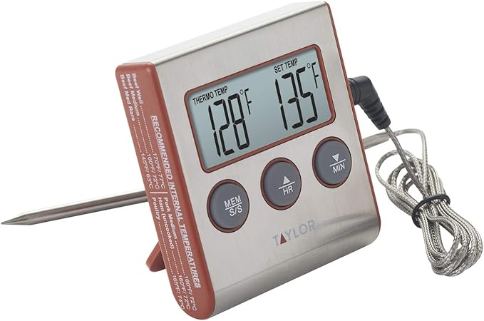 Taylor Instant Read Wired Probe Digital Meat Food Grill BBQ Cooking Kitchen Thermometer with Timer Alarm, Red