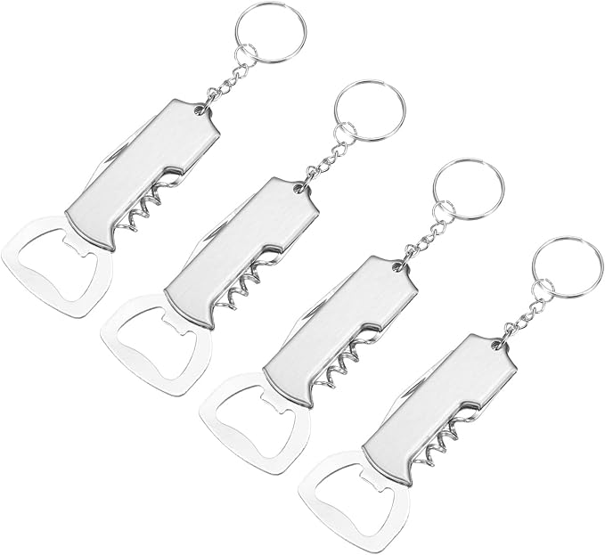 uxcell 4 Pcs Wine Opener, Bottle Opener Keychain, Durable Stainless Steel Waiter's Corkscrew, Compact All-In-One Home Bar Tool for Bar, Party, Wedding, Home, Travel, Silver