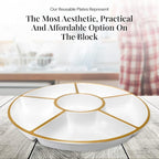 R-kay 4 Pack, 6 Sectional White Plastic Serving Trays For Party With Gold Rim - Heavy Duty Gold Party Trays For Serving Food - 12 Inch Platters