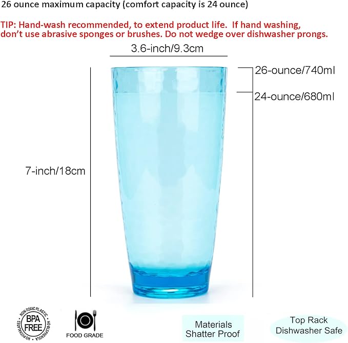 KOXIN-KARLU Hammered 15-ounce and 26-ounce Plastic Tumbler Acrylic Glasses, set of 8 Multicolor