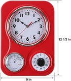 Lily's Home - 9.5 Inch x 12.5 Inch - Retro Kitchen Wall Clock, Vintage Wall Clock with a Thermometer and 60-Minute Timer, Ideal for Any Kitchen, Office, or Diner (Red)