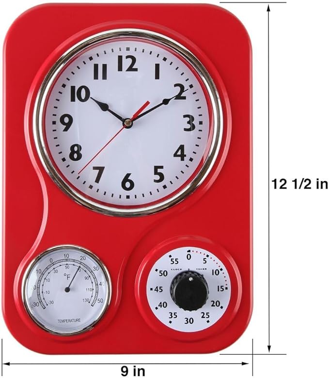 Lily's Home - 9.5 Inch x 12.5 Inch - Retro Kitchen Wall Clock, Vintage Wall Clock with a Thermometer and 60-Minute Timer, Ideal for Any Kitchen, Office, or Diner (Red)