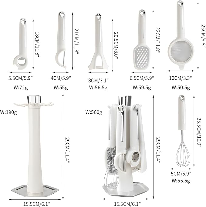 7-Piece Kitchen Gadget Set, Stainless Steel Cooking Utensils Set with Holder, 7-Pieces All Metal Kitchen Utensils, 11.4’’ Long Kitchen Tools with Countertop Rotating Stand (Blue)