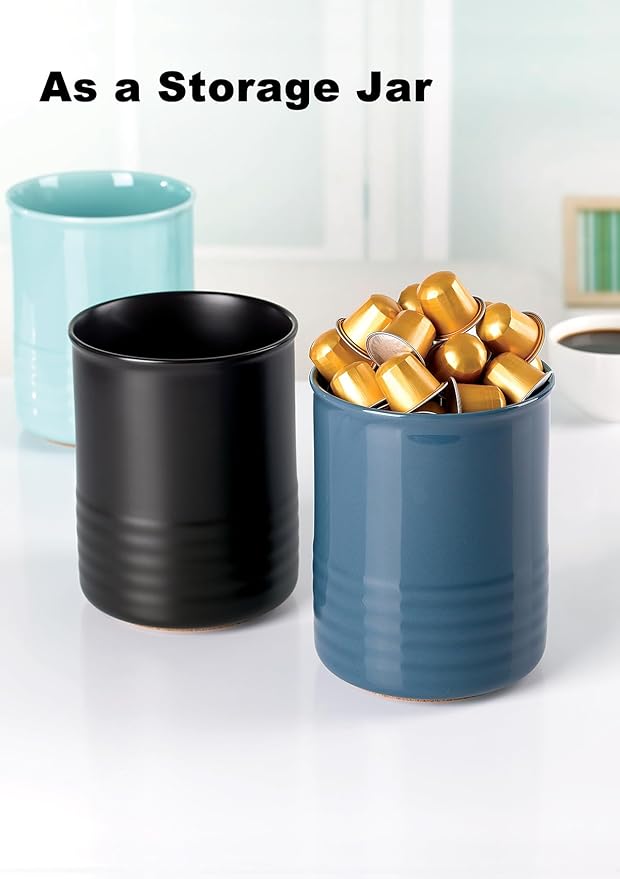 Utensil Holder, 6.7" Ceramic Kitchen Utensil Crock for Countertop Cooking, Modern Utensil Caddy Jar Organizer for Farmhouse Kitchen Counter Décor, Blue