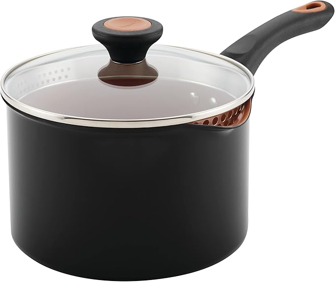 Farberware Glide Nonstick Sauce Pan/Saucepan with Straining and Lid, 3 Quart, (Black)