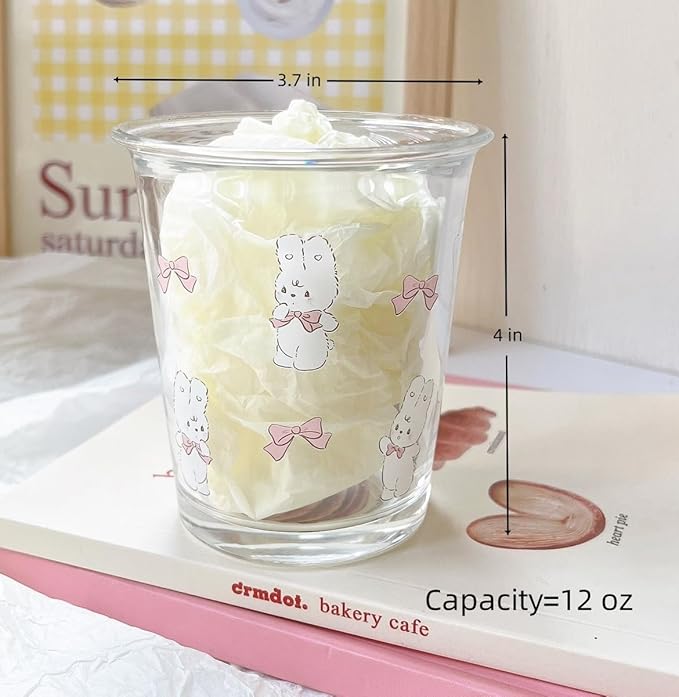 Ivymei Set of 2 12 OZ Cute Drinking Glasses Bow Glass Coffee Cups Rabbit Glass Cups for Juice, Iced Tea, Coffee, Latte, Milk, Dessert, Stackable Glassware Drinkware Set (Pink)