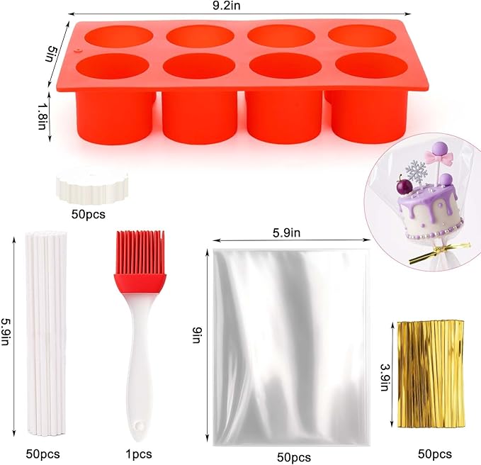 Juome Circle Cake Pop Mold Kit, 8 Cavities Cakesicle Molds Silicone with 50 Sticks & 50 Packaging Bags, Round Cake Pop Maker Supplies Accessories, Baking Tools for Home Baking Desserts