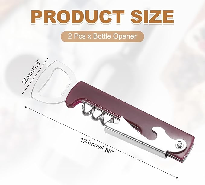 uxcell 2 Pcs Wine Opener, Bottle Opener, Durable Stainless Steel Waiter's Corkscrew, Compact All-In-One Home Bar Tool for Bar, Party, Wedding, Home, Travel, Dark Red