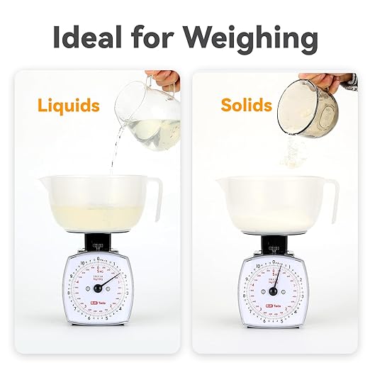 Tada 11lb Analog Food Scale Mechanical Dial Kitchen Scale, Removable Measuring Cup, Tare Function, Kitchen Friendly