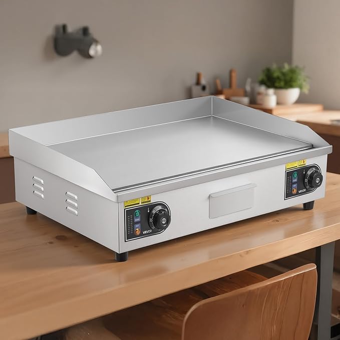 VEVOR Commercial Electric Griddle, 28.54 x 15.75 inches, 4400W, 122-570°F Adjustable Temp Control, Stainless Steel Body, Half Grooved Half Flat, with 2 Spatulas, 2 Brushes, and 4 Foot Pads, for Steak