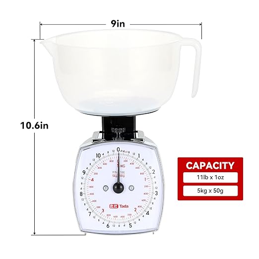 Tada 11lb Analog Food Scale Mechanical Dial Kitchen Scale, Removable Measuring Cup, Tare Function, Kitchen Friendly