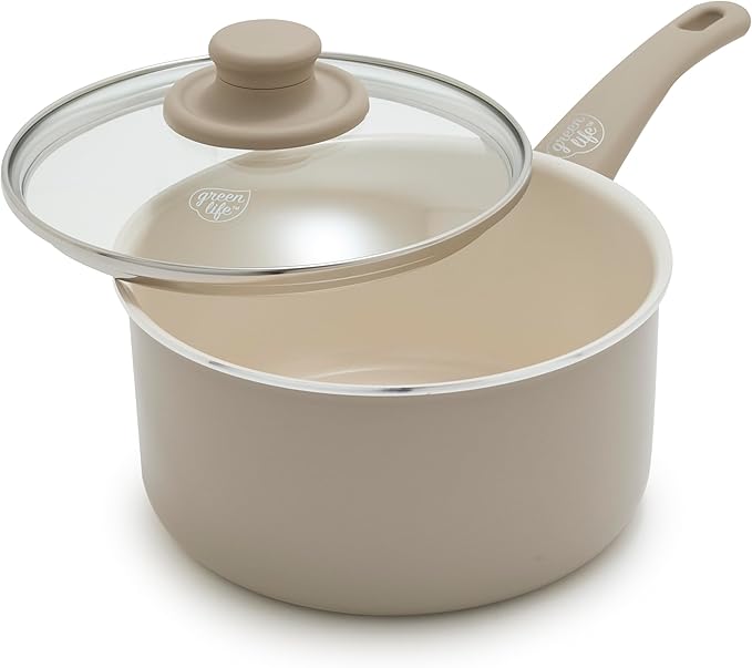 GreenLife 2.5QT Nonstick Saucepan with Glass Lid, Soft Grip, PFAS-Free Ceramic, Multipurpose Chef Pan, Milk & Sauce Cooking Pot, Dishwasher & Oven Safe to 350˚F, Stay-Cool Handle, Taupe