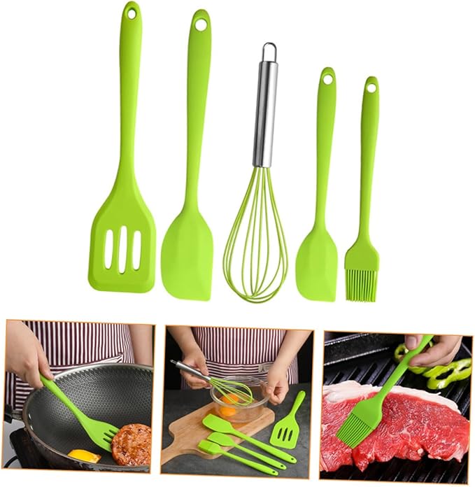 Ipetboom 5pcs Silicone Kitchen Utensil Set Nonstick Cooking Tools with Beater Turner for Baking and Mixing Heat Resistant Green Cooking Utensils with Hanging for Home and Restaurant Use