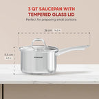 SUNHOUSE – 3 Quarts Stainless Steel Sauce Pan with Lid - PFOA-Free, Stainless Steel Sauce Pan, Advanced Impact Bonding Induction Base, Stay-Cool Handle, Compatible with All Cooktops