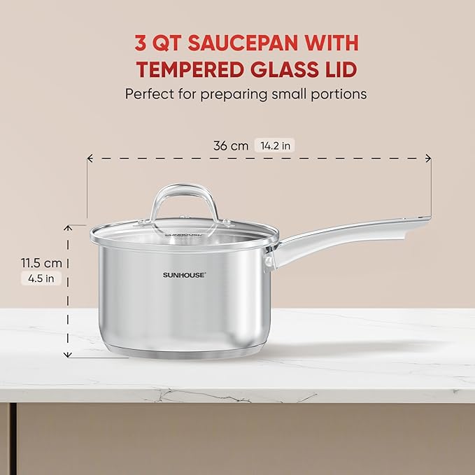 SUNHOUSE – 3 Quarts Stainless Steel Sauce Pan with Lid - PFOA-Free, Stainless Steel Sauce Pan, Advanced Impact Bonding Induction Base, Stay-Cool Handle, Compatible with All Cooktops