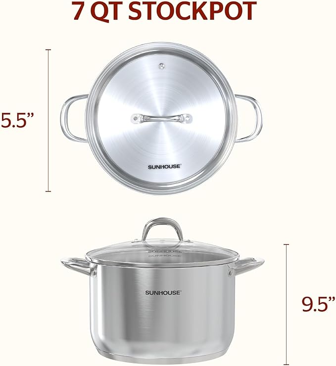 SUNHOUSE Stainless Steel Stock Pot - 7 Quart Heavy-Duty Induction Cooking Pot with Visible Lid for Pasta, Soup, Spaghetti - Nonstick Thick-Bottom Deep Stockpot for Canning, Boiling, and Simmering