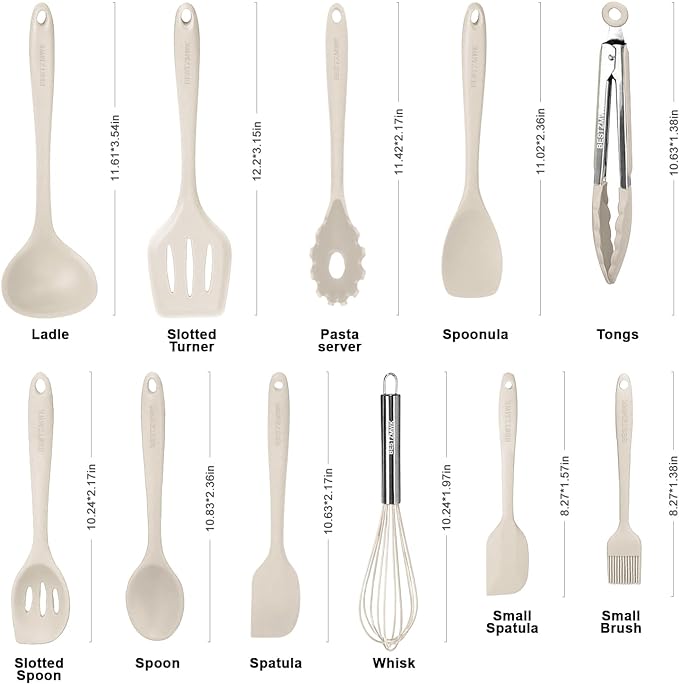 Kitchen Utensil Set - 11 Cooking Utensils - Colorful Silicone Kitchen Utensils - Nonstick Cookware with Spatula Set - Colored Best Kitchen Tools Kitchen Gadgets (Khaki)
