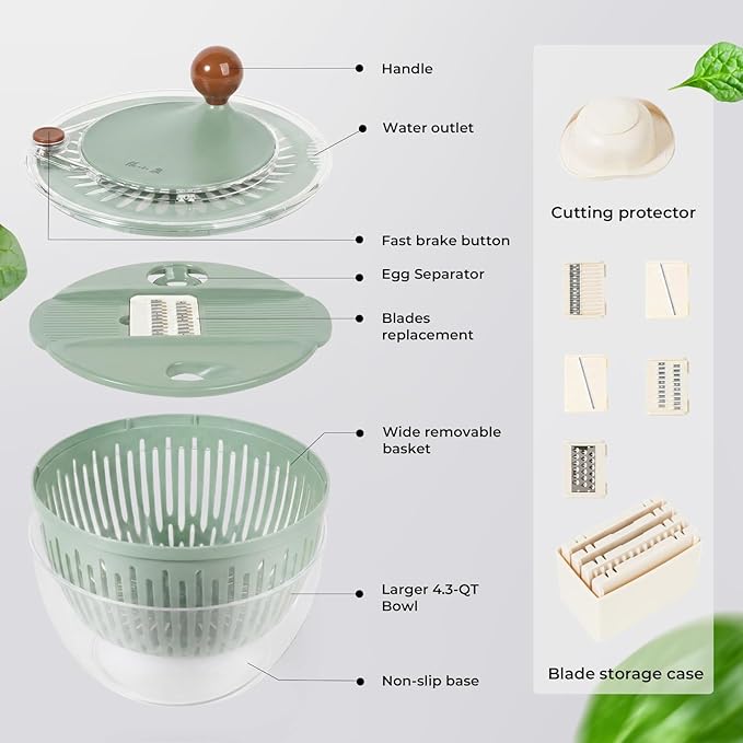 Salad Spinner Large with 5-Blade Slicer & Egg Yolk Strainer, Multifunctional Vegetable Fruit Washing Bowl 4.3 Qt for Efficient Kitchen Washing Drying & Shredding