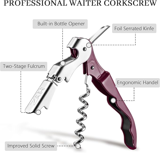 HYZ 2-Pack Wine Opener Waiter Corkscrew, Professional Wine Key for Servers, Bartender with Foil Cutter, Manual Wine Bottle Opener Double Hinged (Burgundy)