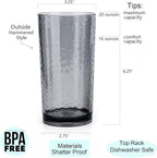 KX-WARE 14-ounce and 20-ounce Acrylic Glasses Plastic Tumbler, set of 8 Smoky Grey - Hammered Style, Dishwasher Safe, BPA Free