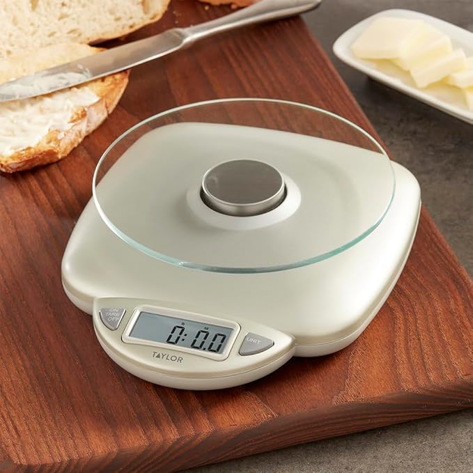 Taylor 11LB Capacity Digital Glass Top Kitchen Scale with LCD Display, Weight in Grams and Ounces for Baking, Cooking, and Meal Prep, Silver