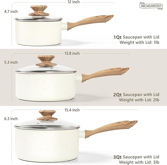 MICHELANGELO Saucepan Set with Lid, Nonstick Sauce Pan Sets with Granite Coatings, Non-Toxic Sauce Pot Sets of 3, Induction Compatible, 1Qt, 2Qt & 3Qt, White