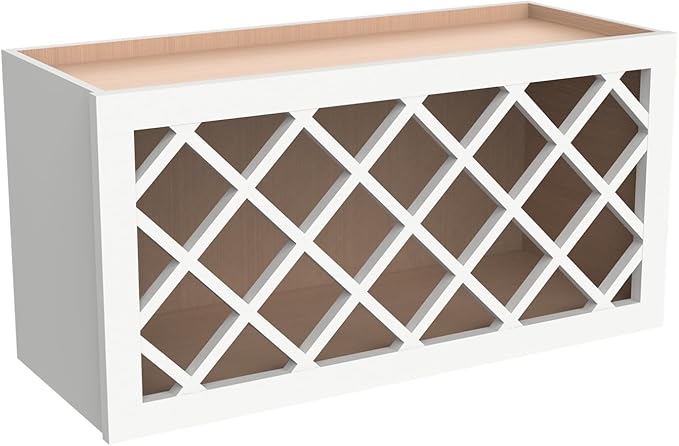 Solid Wood RTA Wine Bottle Rack Wall Cabinet with Lattice Panels - Wine Storage for Bar, Pantry, Cellar - Mocha (Origami White, 30'W 12'D 15'H)