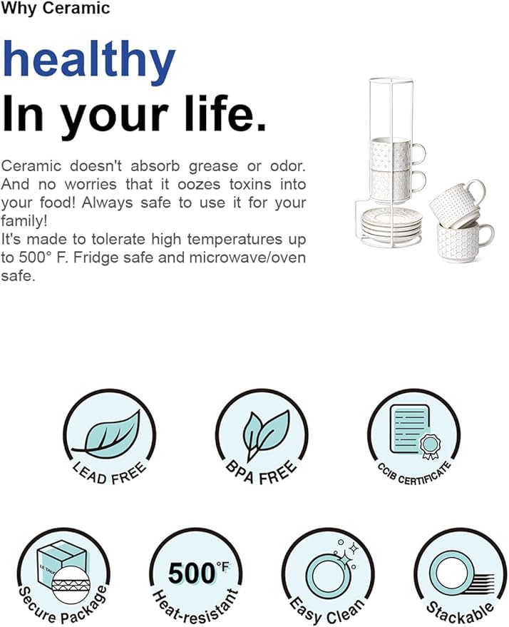 LE TAUCI Stackable Cappuccino Cups 6 oz with Saucers and Stand, Ceramic Embossed Coffee Mugs for Espresso Au Lait, Latte, Cafe, Mocha,Tea, Dishwasher Oven Safe - Set of 4, Arctic white