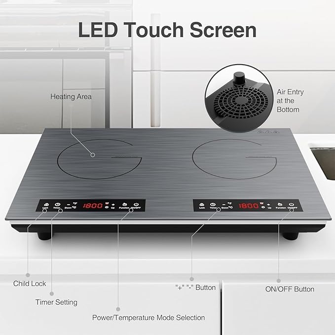 VBGK Double Induction Cooktop, 24 inch 4000W Electric cooktop with hot plate, induction stove top with LED Touch Screen 9 Levels Settings with Child Safety Lock & Timer 110V Induction cooktop 2 burner