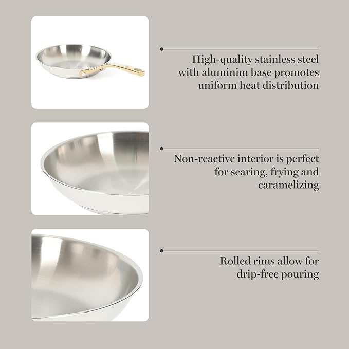 Martha Stewart Castelle 8-Inch Stainless Steel Frying Pan with Gold-Tone Handle – Tri-Ply Encapsulated Bottom, Oven Safe & Induction Safe Skillet for Searing and Sautéing