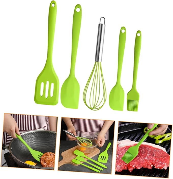 5pcs Silicone Kitchen Utensil Set Heat Resistant Non-stick Cooking Gadgets with Whisk Shovel Brush Scrapers for Baking and Cooking Space-saving Hanging Design Tools