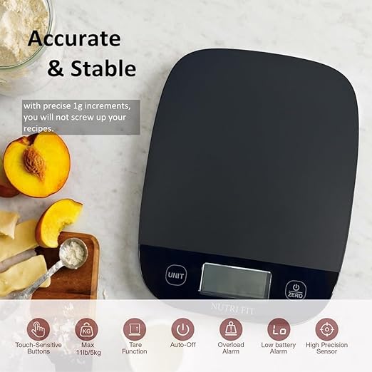 NUTRI FIT Food Scale for Kitchen Scales Digital Weight Grams and Ounces, Baking Scale Accurate for Weight Loss, Cooking, Coffee, Keto Diet, Meal Prep, 0.1oz Ultra Slim Smart Tare Black