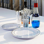 I00000 60pcs Silver Plastic Plates, Disposable Plastic Party Plates with White Silver Rim Heavy Duty Fancy Wedding Party Plates Include 30 Dinner Plates 10.25" and 30 Dessert Appetizer Plates 7.5"