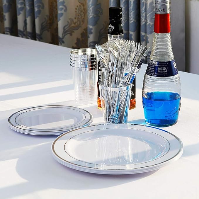 I00000 60pcs Silver Plastic Plates, Disposable Plastic Party Plates with White Silver Rim Heavy Duty Fancy Wedding Party Plates Include 30 Dinner Plates 10.25" and 30 Dessert Appetizer Plates 7.5"
