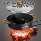 AORAN Electric Hot Pot with Divider, 1350W 8L Nonstick Smokeless Cooker for Shabu Shabu & Fondue, Multi-Function Cookware with Soup Ladle, Strainer, Includes Tongs - Easy to Clean, Black