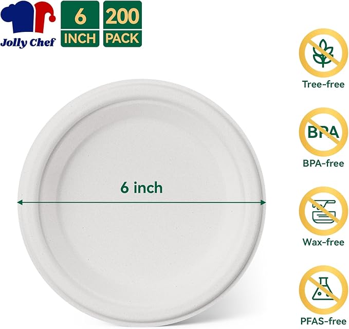 JOLLY CHEF 100% Compostable Small Paper Plates, 200 Pack 6 Inch Heavy Duty Dessert Plates, Disposable Biodegradable Eco-Friendly Sugarcane, Bulk White