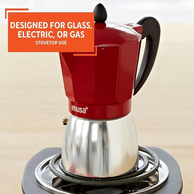 IMUSA USA B120-42T Aluminum Stovetop Coffeemaker, Espresso Machine, 3-Cup, Red