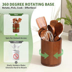Wooden Utensil Holder, 360°Rotating 7.3'' Large Utensil Holder for Kitchen Counter, Kitchen Utensil Organizer, Utensil Crock, Farmhouse Kitchens Countertop Decor, Walnut-finish